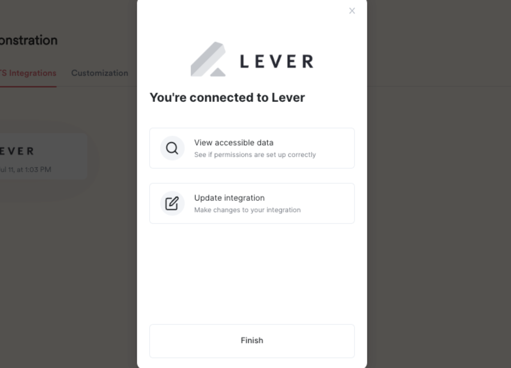 Authorization modal reads 'You're connected to Lever' with options to view accessible data and update integration