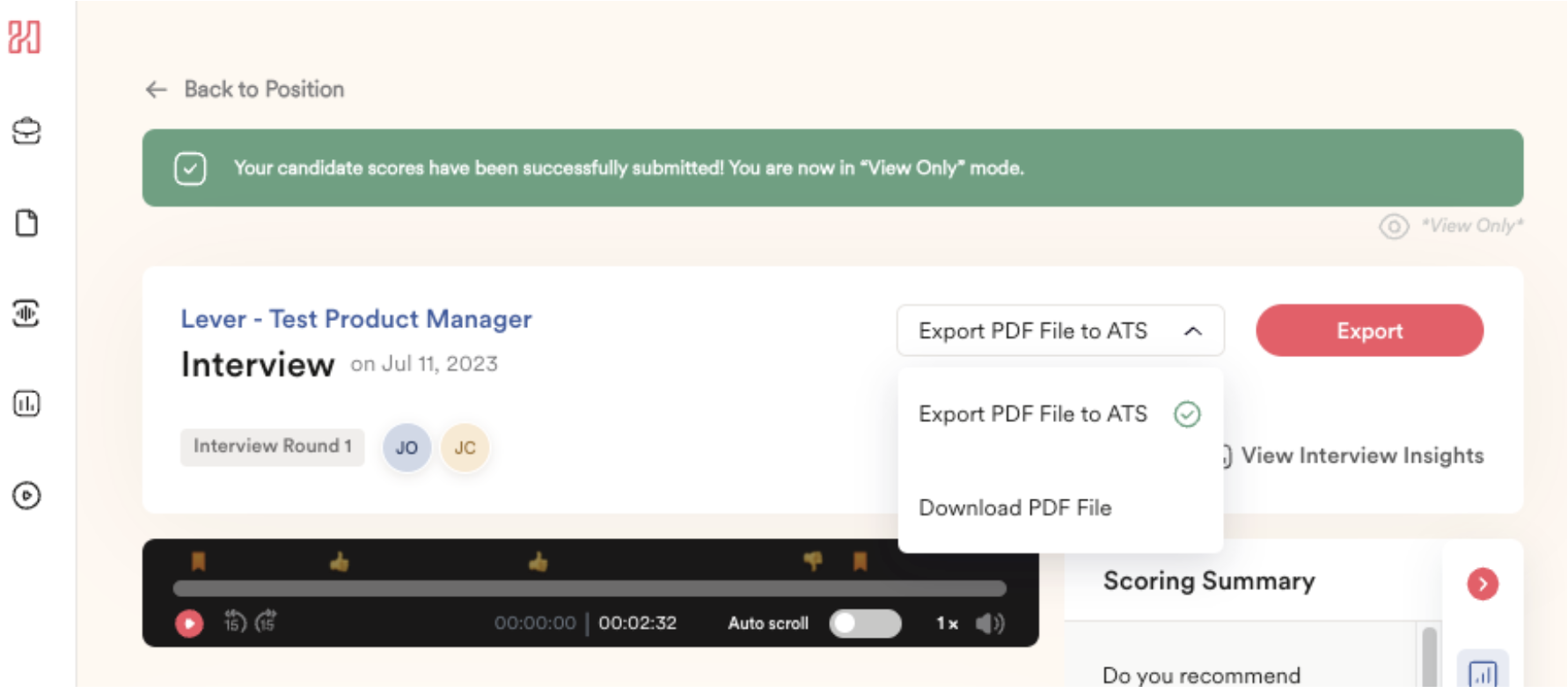 Menu expanded from 'Export PDF File to ATS' field on interview details page