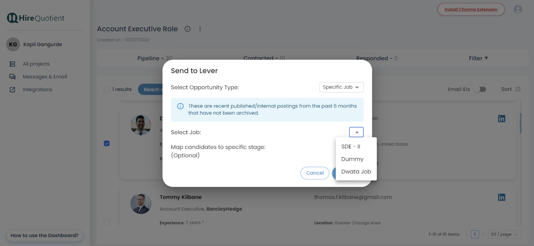 Send to Lever modal in EasySource with job selection menu expanded