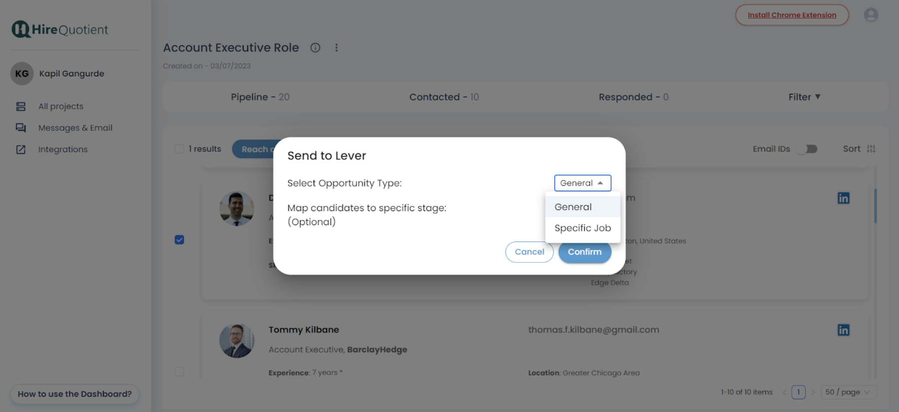 Send to Lever modal in EasySource with opportunity type menu expanded