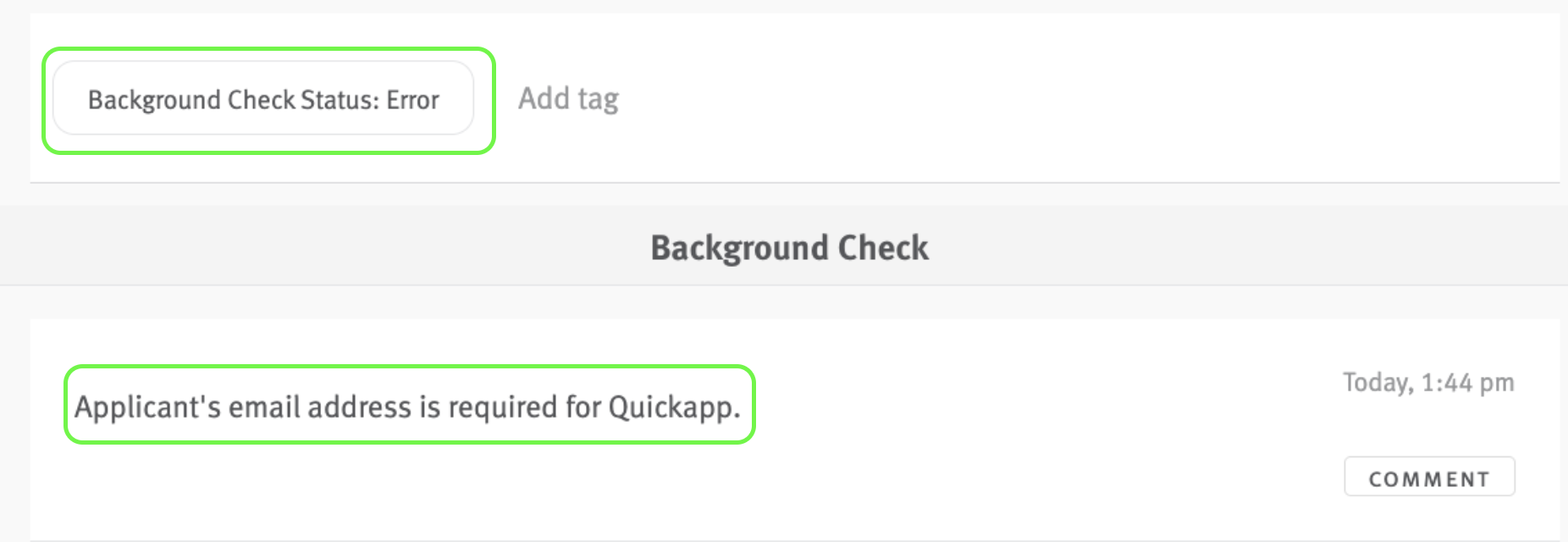 Background Check Status error tag outlined on candidate profile in Lever; outlined note on candidate profile reads applicant's email address is required for Quickapp
