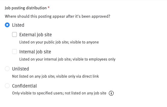 Job posting distribution settings with Listed, External job site, Internal job site, Unlisted, and confidential options.