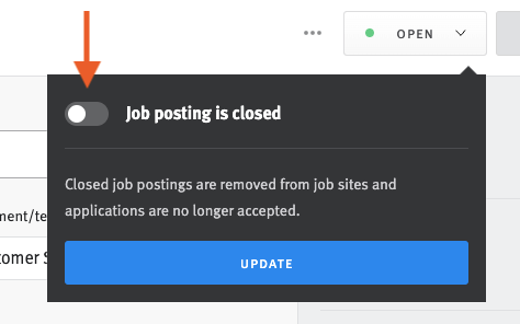Job posting distribution editor with arrow pointing to job posting is closed toggle.