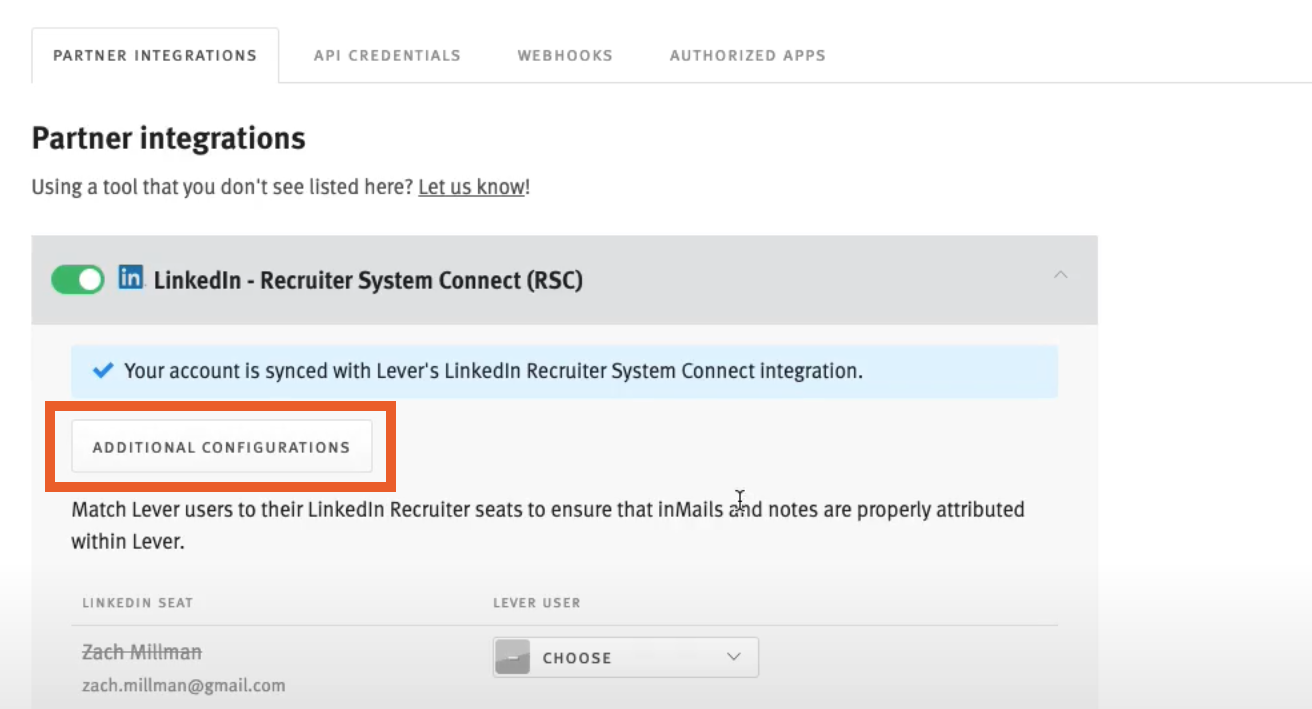 LinkedIn RSC settings with additional configurations button outlined