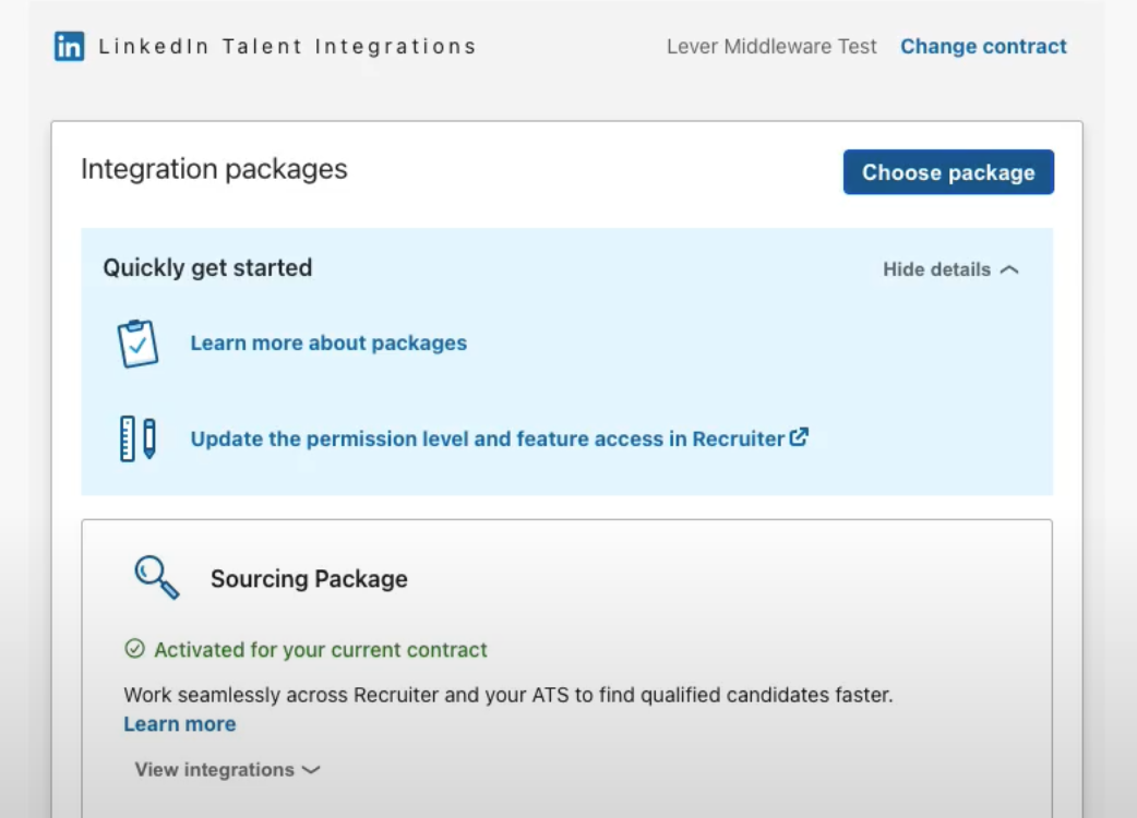 LinkedIn RSC settings with package options displayed