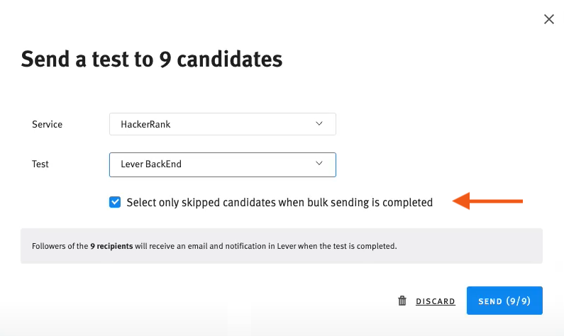 HackerRank send test modal with arrow pointing to check box for Select only skipped candidates when bulk sending is completed.