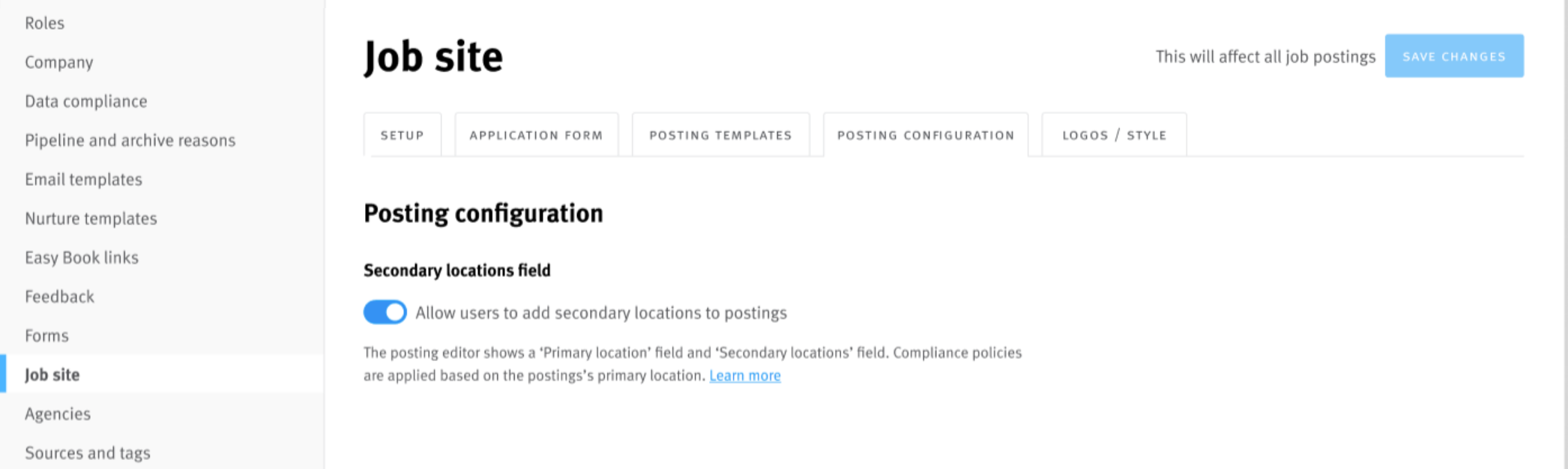 Lever settings Job Site page showing secondary locations field toggle on blue