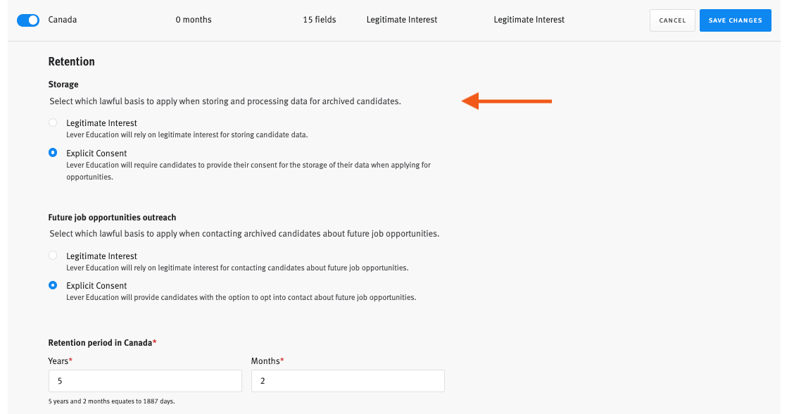 Lever data compliance settings showing Canada settings with arrow pointing to Storage section.
