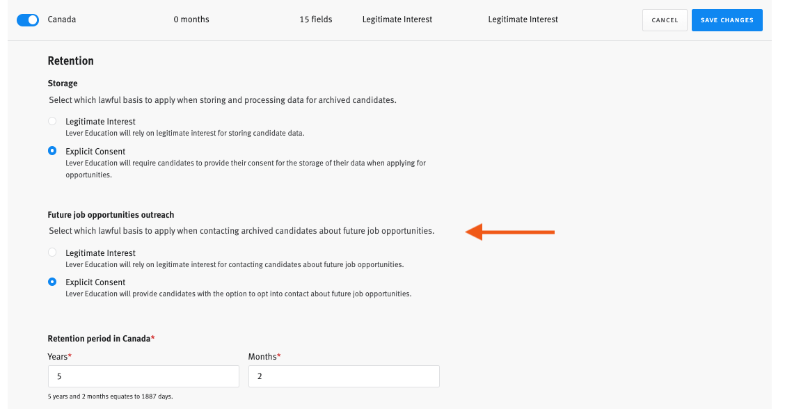Lever data compliance settings showing Canada settings with arrow pointing to Future job opportunities outreach section