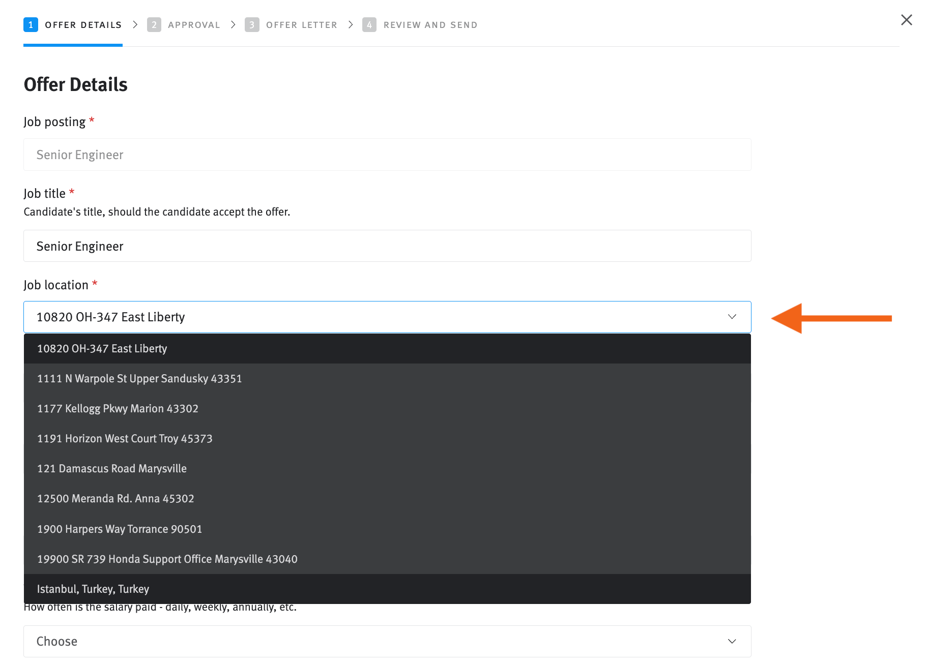 Lever offer creator modal showing offer details stage with arrow pointing to Job Location field with dropdown list of locations.