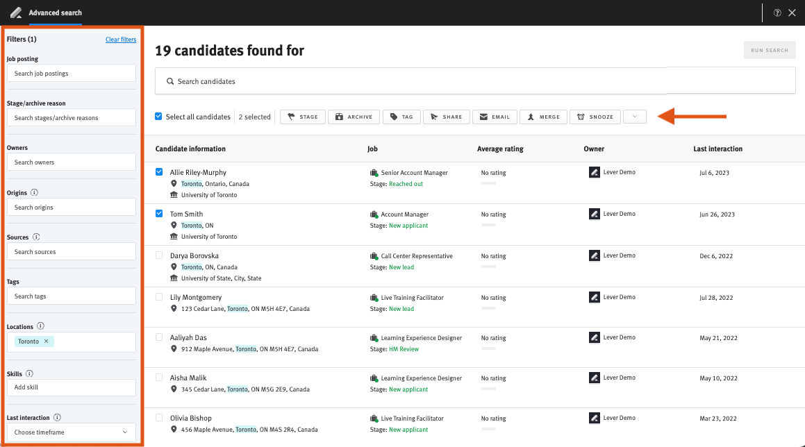 Advanced search page with arrow pointing bulk action toolbar and lefthand filters menu outlined.