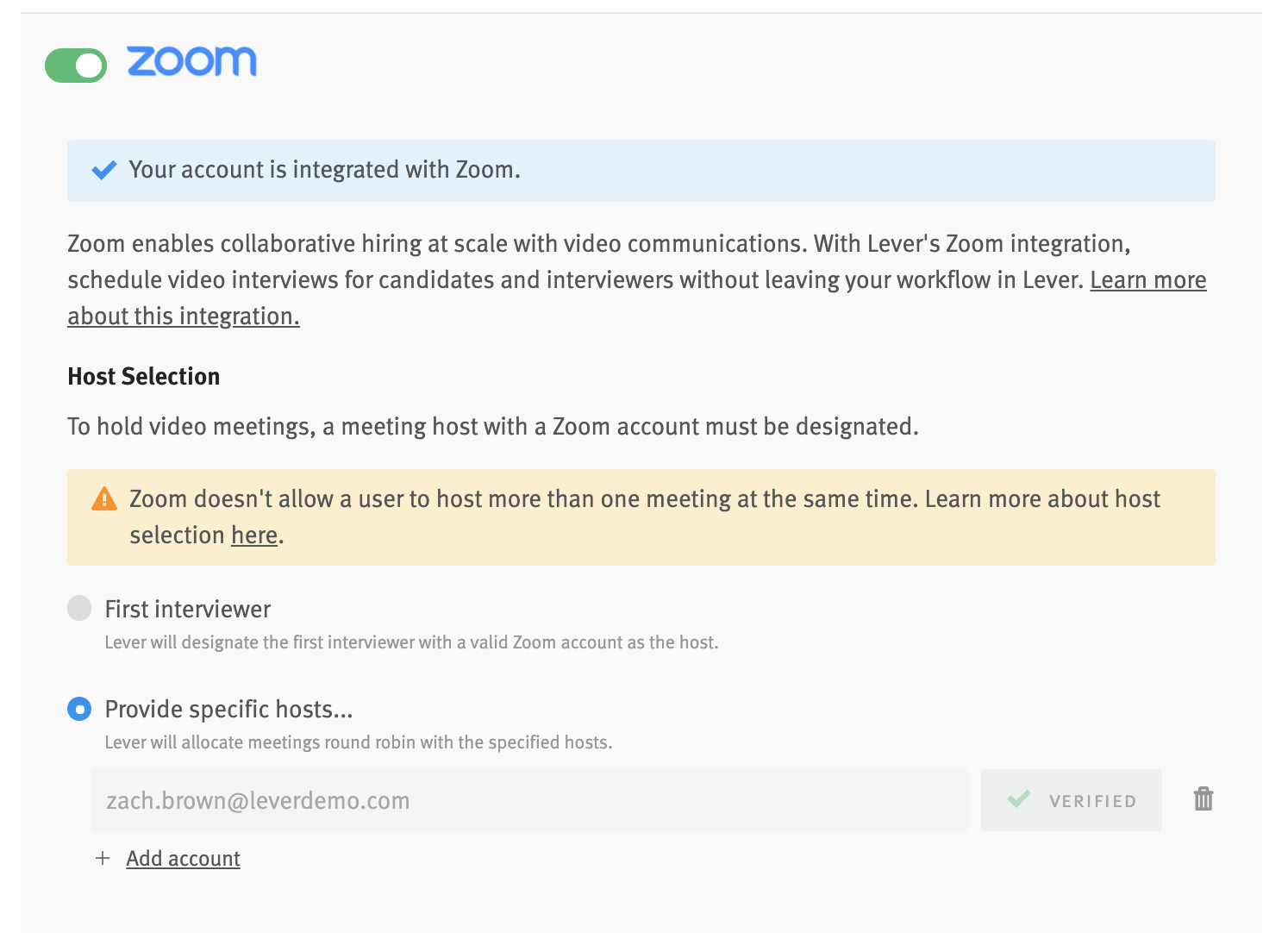 Active Zoom integration toggle with tile expanded to reveal host selection options. Provide specific hosts option is selected.