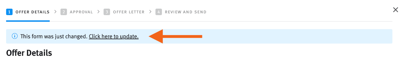 Lever offer creator modal showing offer details stage with arrow pointing to Click here to update link in the blue banner.
