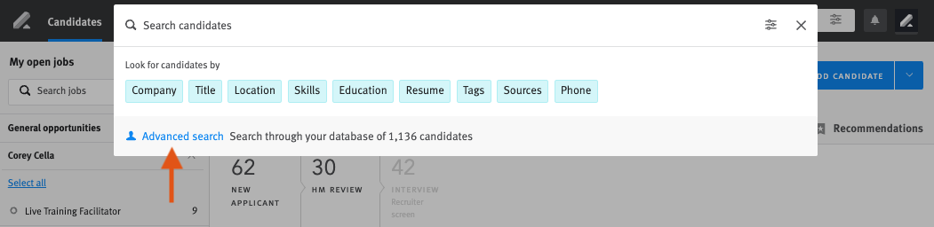 Lever advanced search bar open with arrow pointing to the advanced search link.