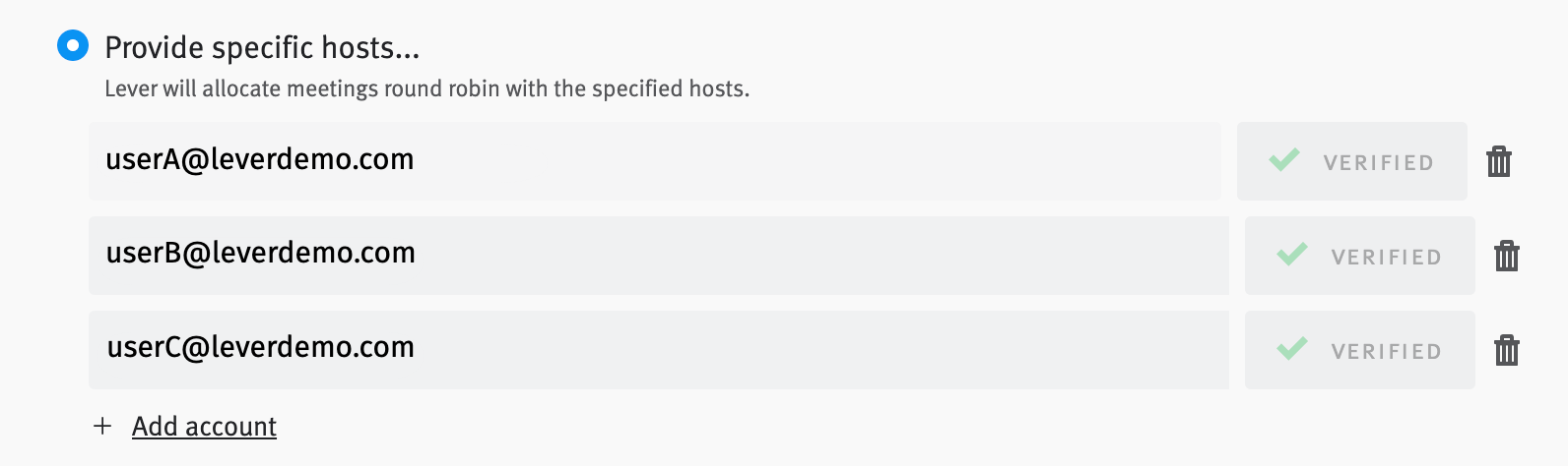 Email addresses for Users A, B, and C listed as specified hosts on Zoom integration tile.