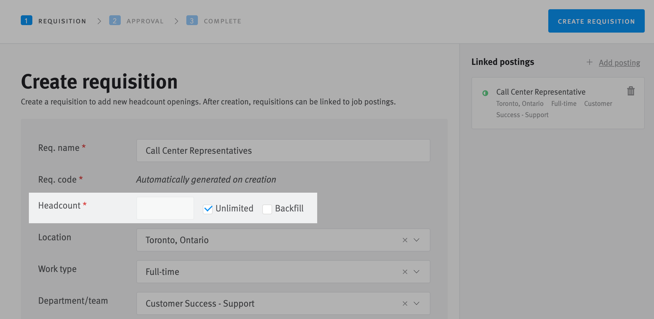 Requisition editor with headcount field highlighted; unlimited checkbox is selected.