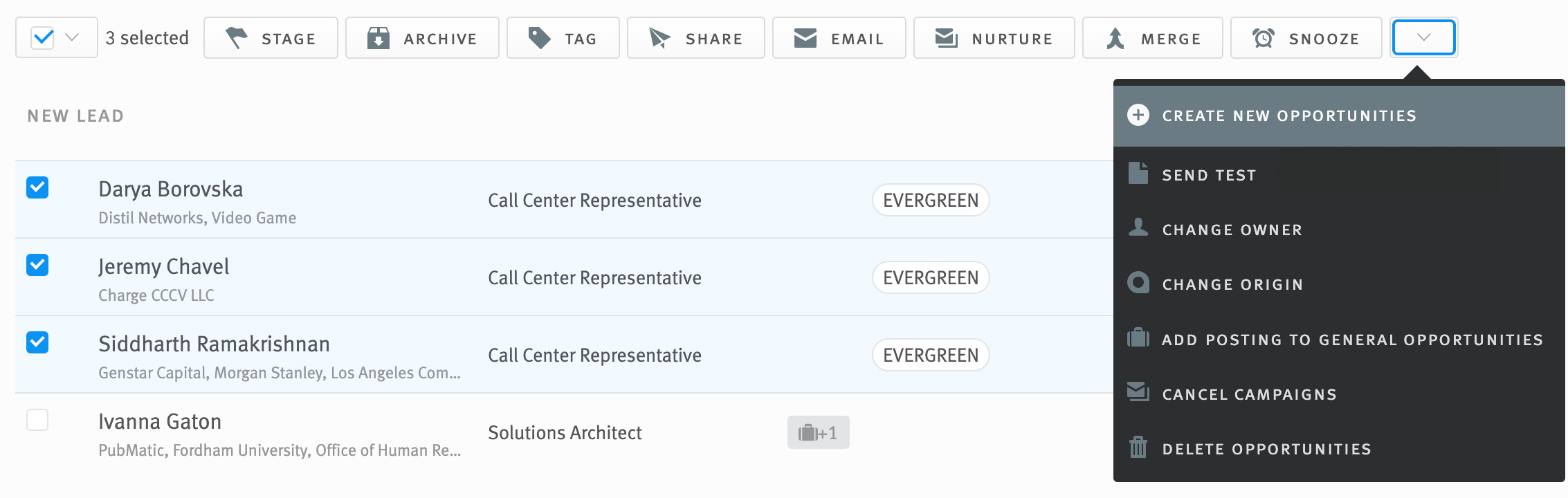 Multiple opportunities selected in opportunity list with Create new opportunities option highlighted in the menu expanded to the right of the bulk action toolbar.