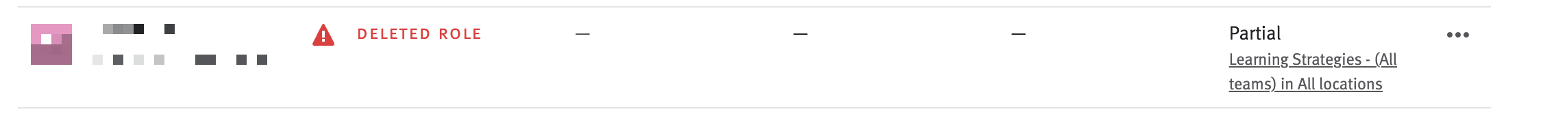 Close up of entry for reactivated user in User list. Role field reads 'Deleted Role'
