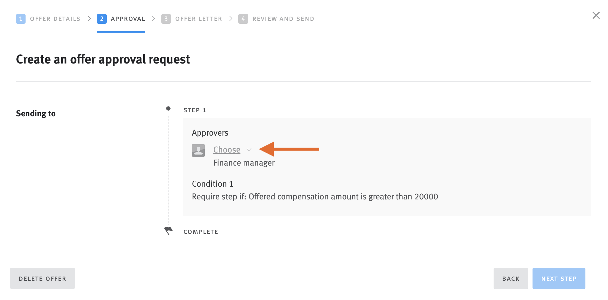 Offer approver editor with arrow pointing to choose in approvers section