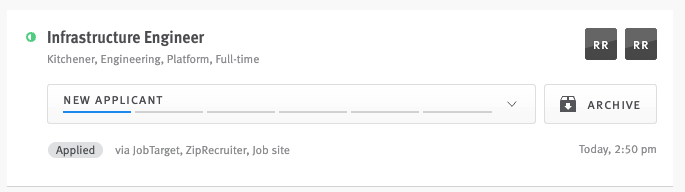 Close up of opportunity profile with Applied origin and JobTarget and ZipRecruiter source tags.
