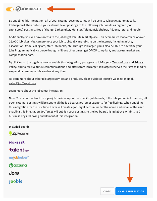 JobTarget integration in Lever Settings with arrows pointing to toggle and enable integration button.