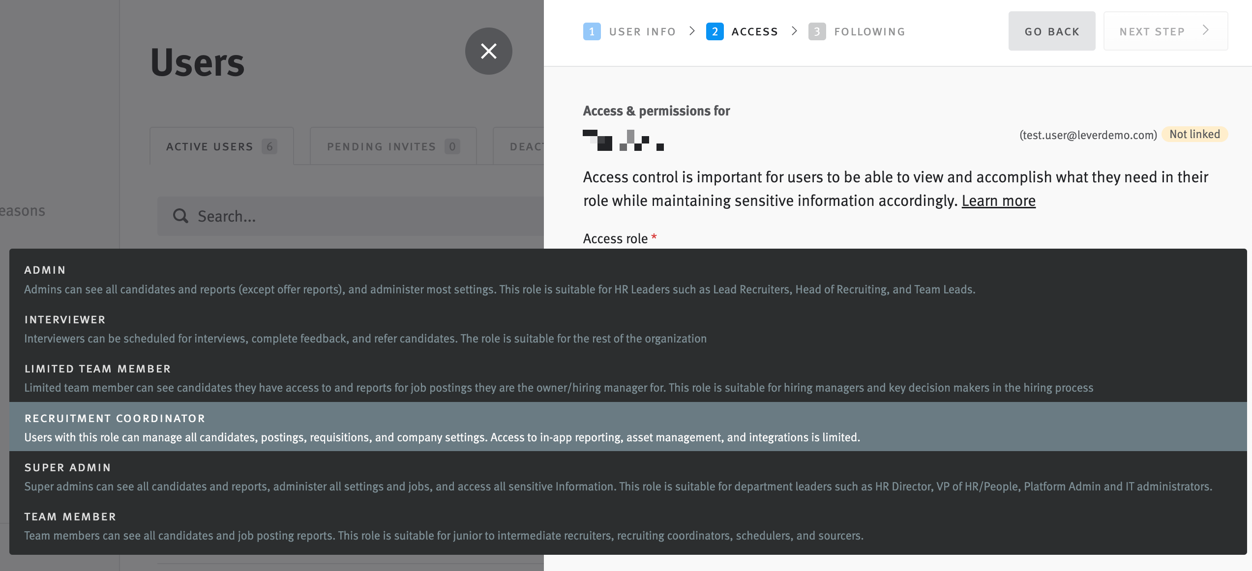 Role selection menu in User profile editor