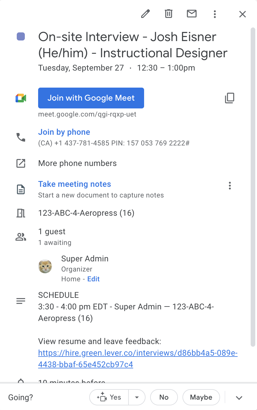Google calendar event for interview with candidate pronouns appearing in event title.