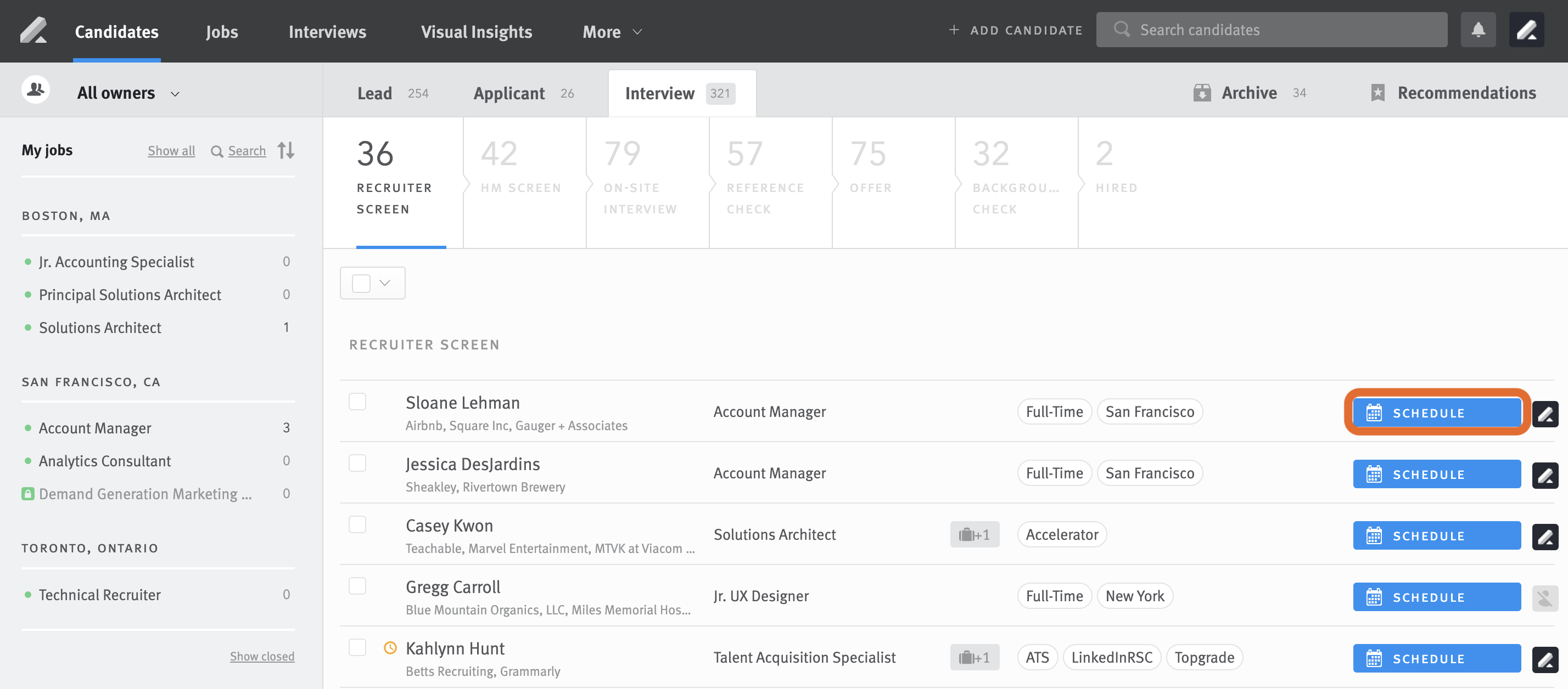 Candidate list with blue schedule button outlined