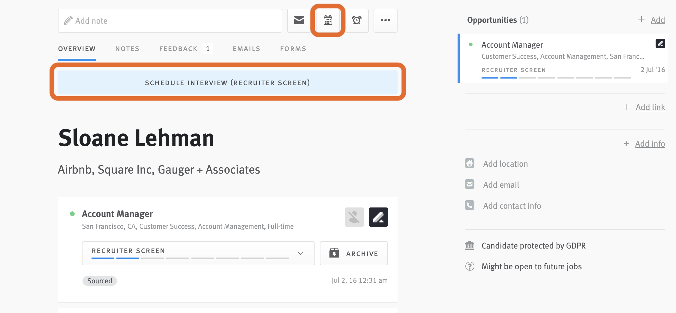 candidate profile with calendar icon and schedule interview button outlined