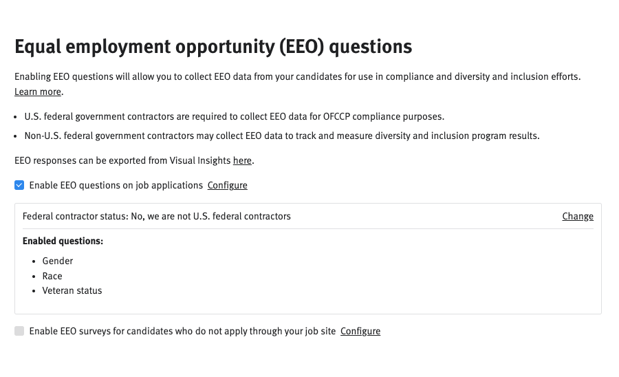 EEO question configuration interface in Lever