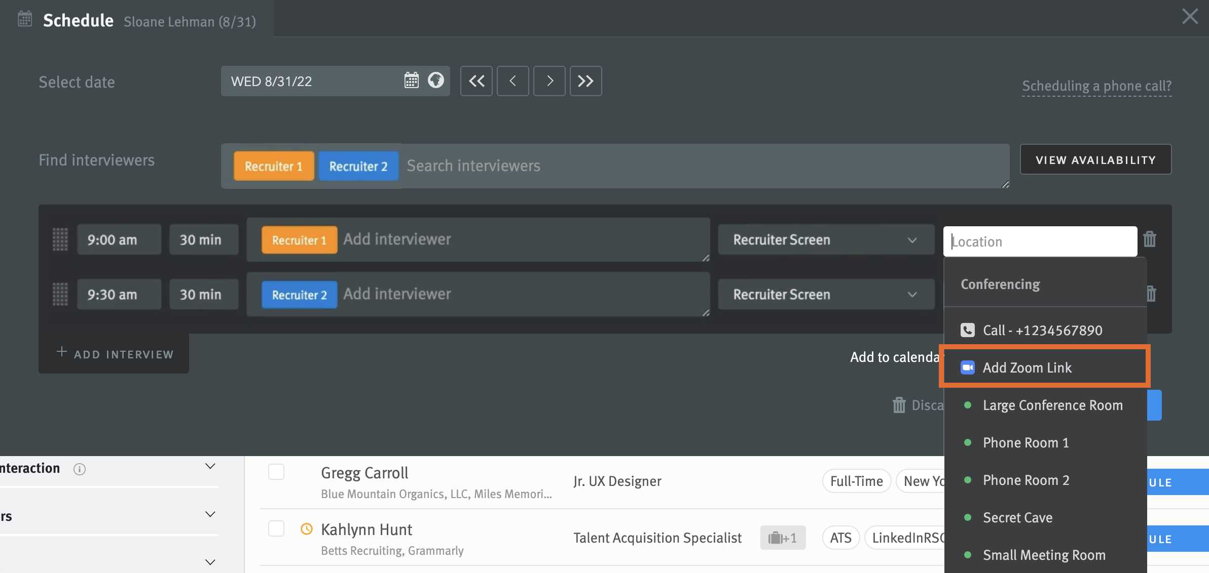 interview scheduler modal with add zoom link option outlined