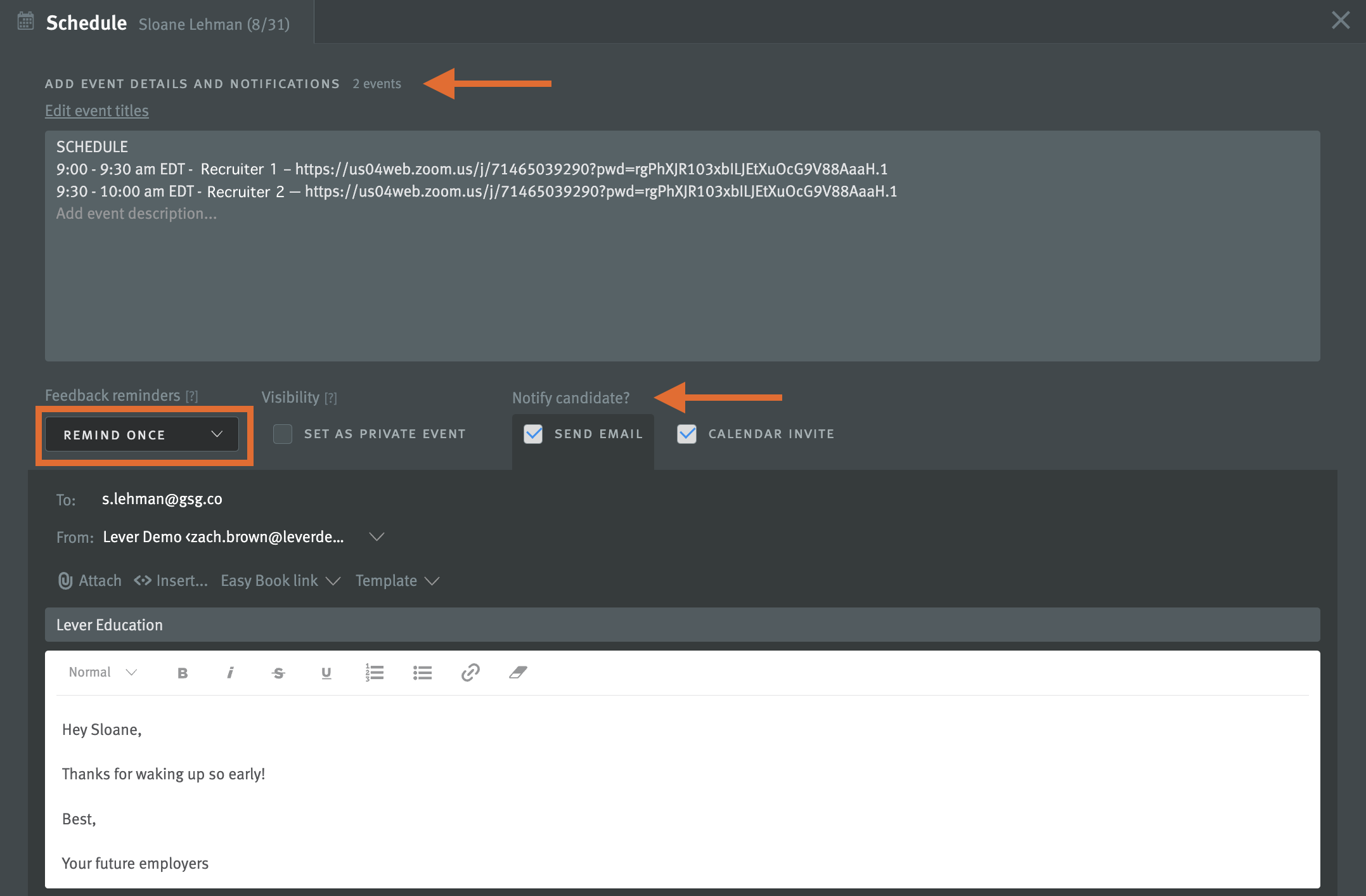 interview scheduler modal with add event details, feedback reminders, and notify candidate highlighted