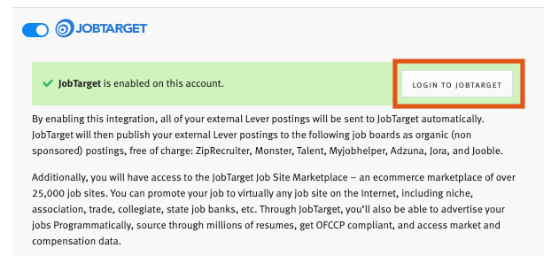 JobTarget Lever settings with login button outlined