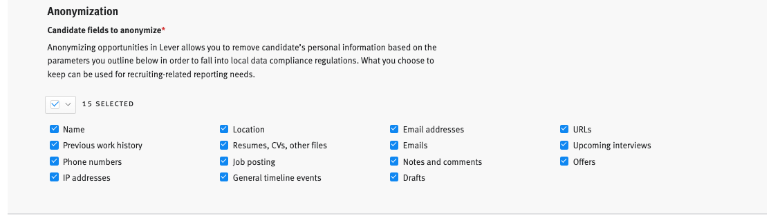 Lever data compliance settings showing Anonymization settings with parameters selected.