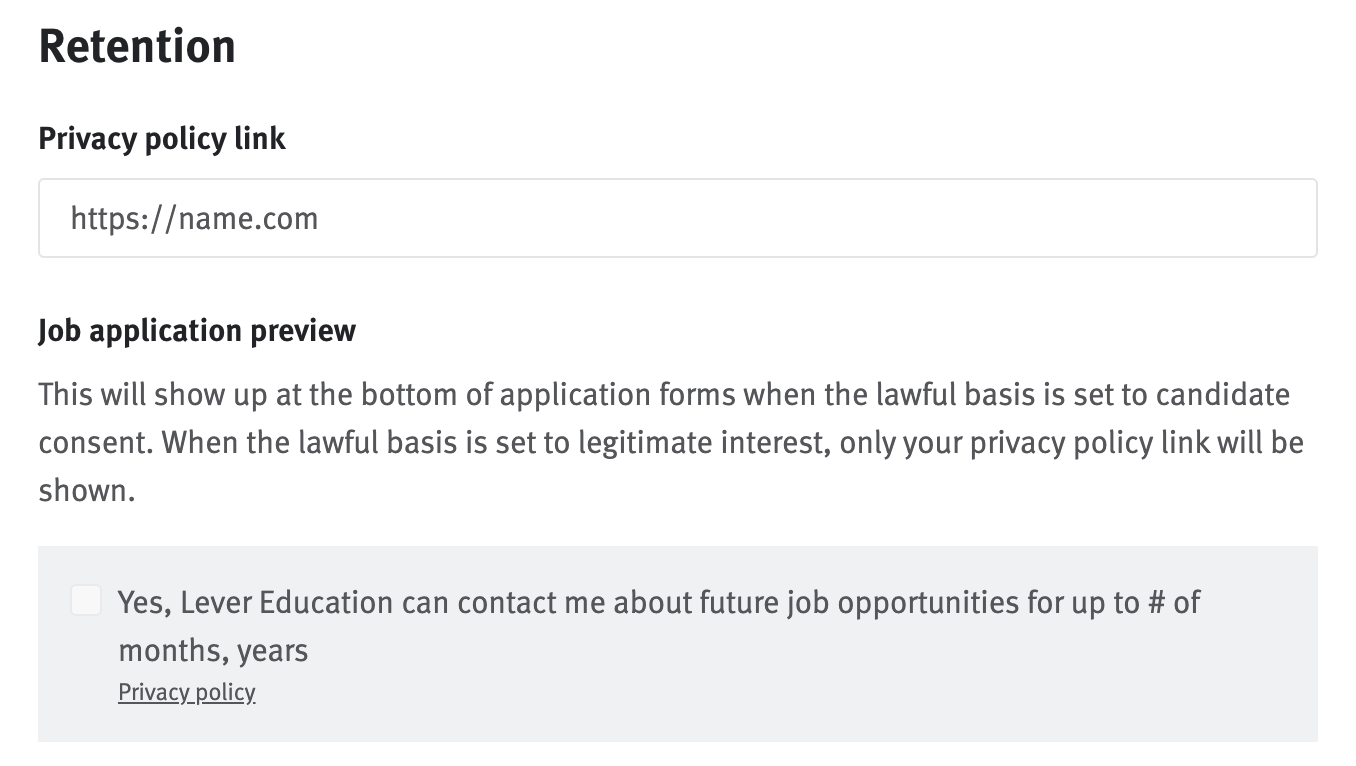 Retention configuration section of global data compliance settings page