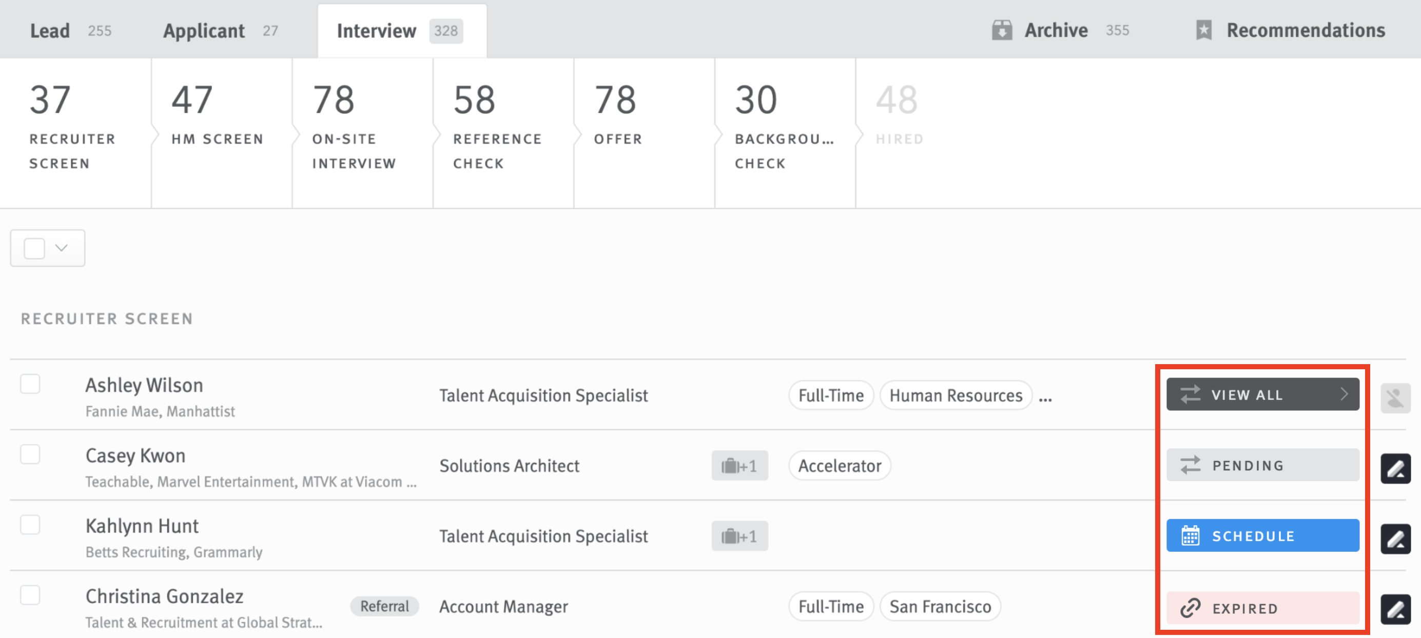 Opportunities in opportunity list with call-to-action buttons circled.