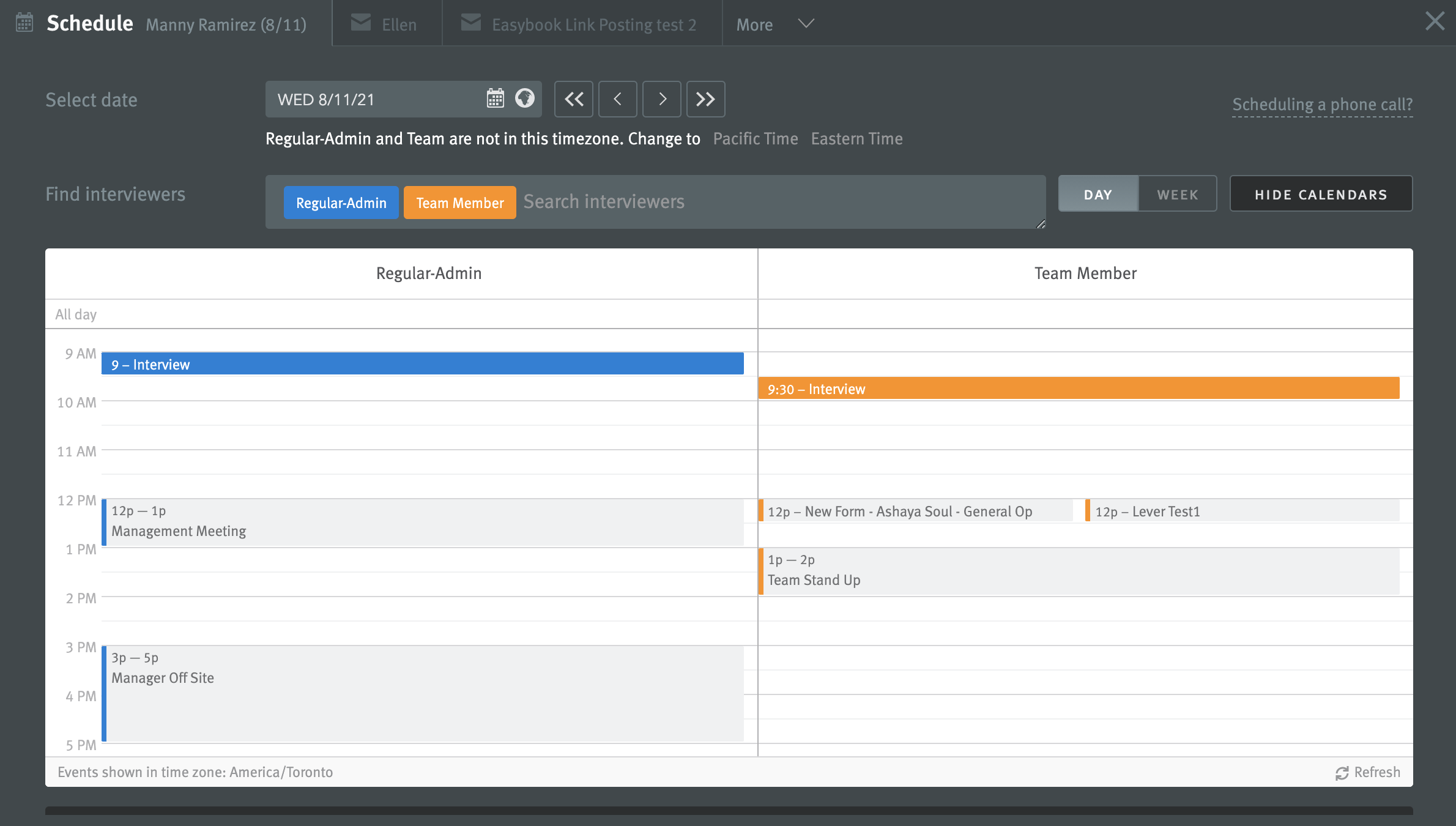 Availability finder showing two google calendar views