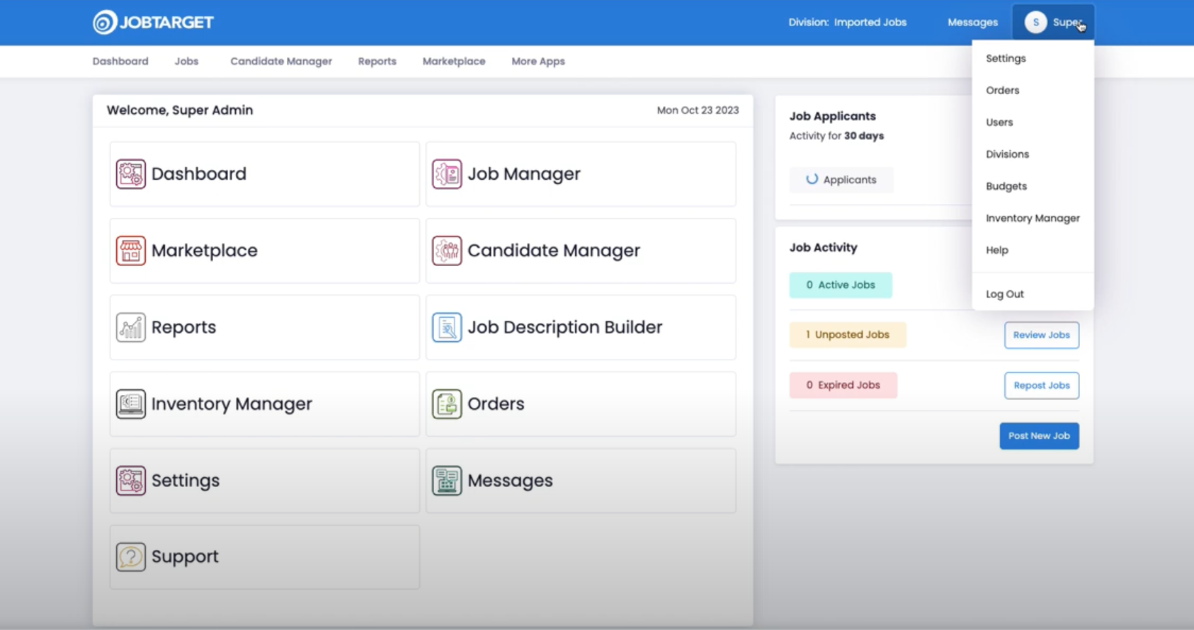 JobTarget integration dashboard