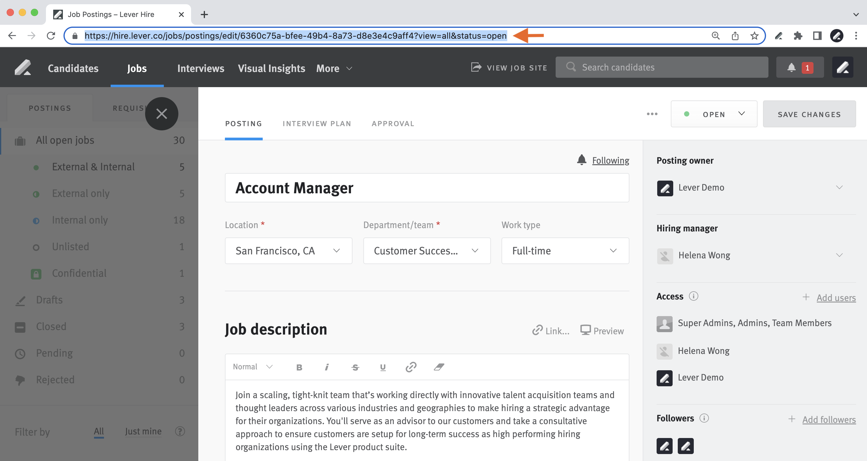 Posting editor with arrow pointing to highlighted URL