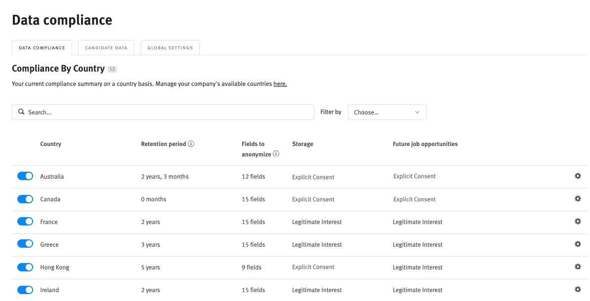 Data Compliance page in Lever Settings