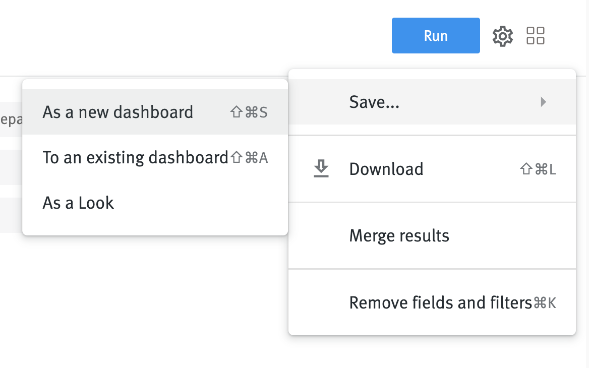 Menu extending from gear icon in upper-right corner of builder with Save options expanded.