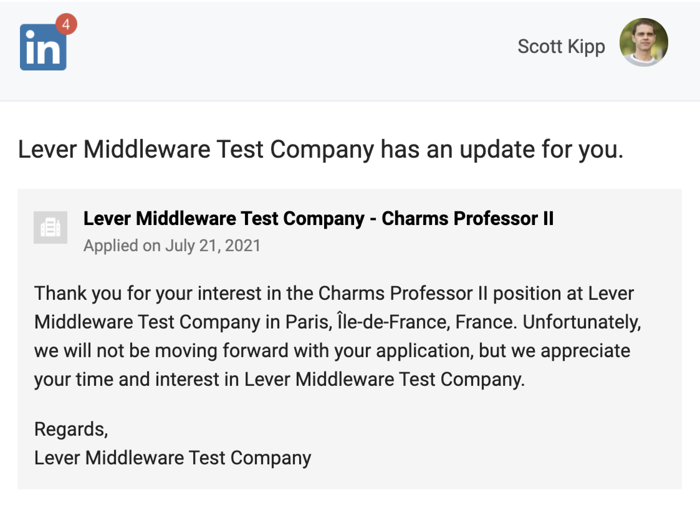 Application Rejection notification