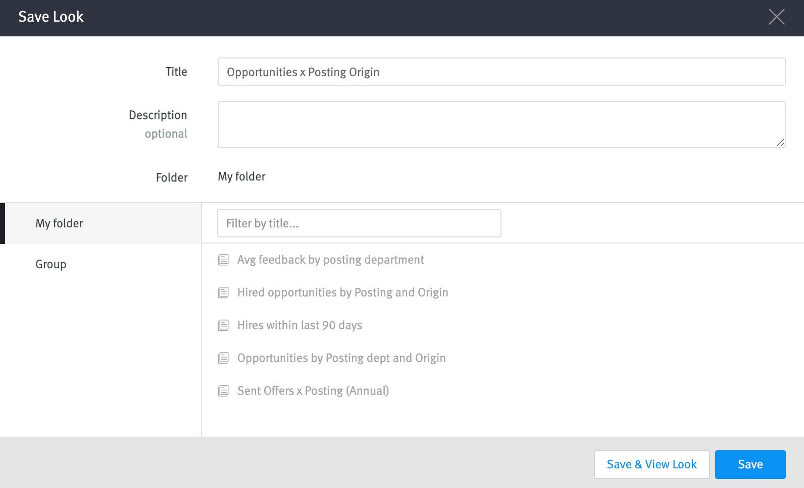 Save Look modal with title input for new chart.