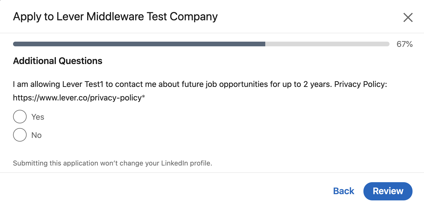 Candidate consent question in LinkedIn Apply application process.
