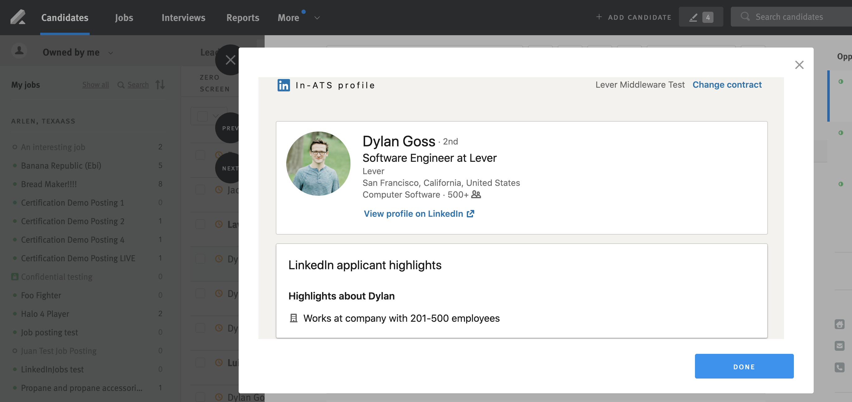 Scrollable biew of candidate's LinkedIn profile in Lever