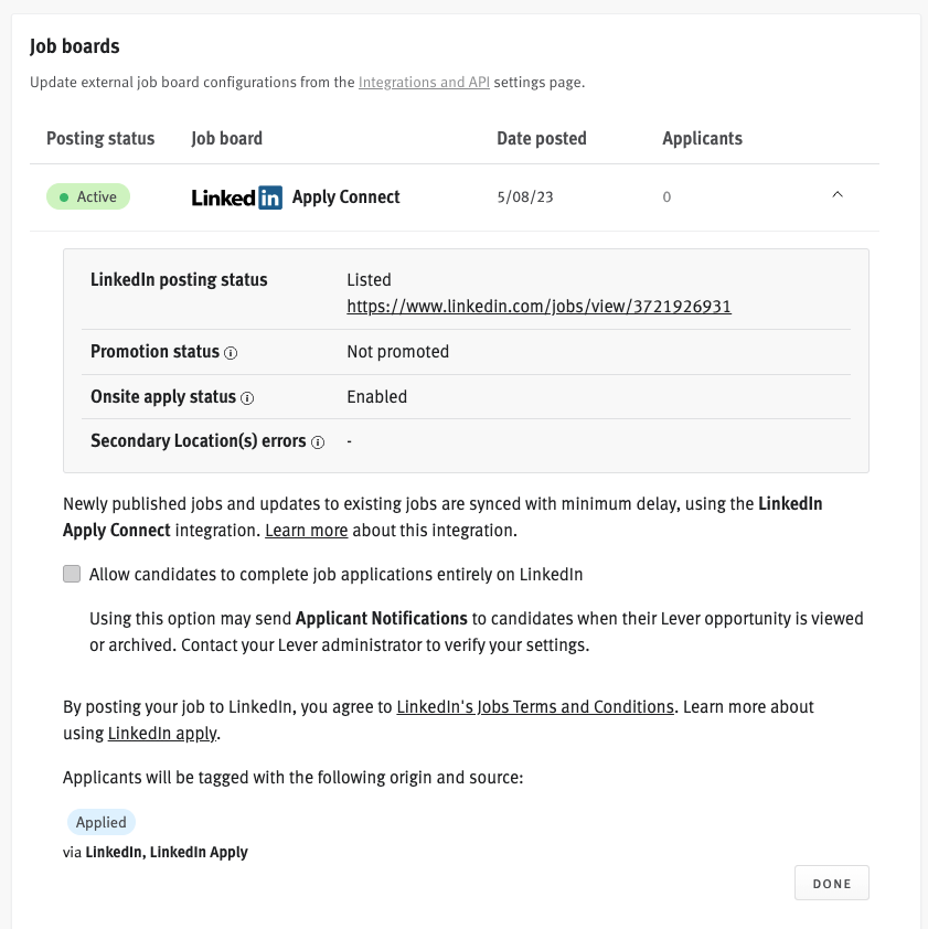 LinkedIn Apply Connect option on Lever job posting