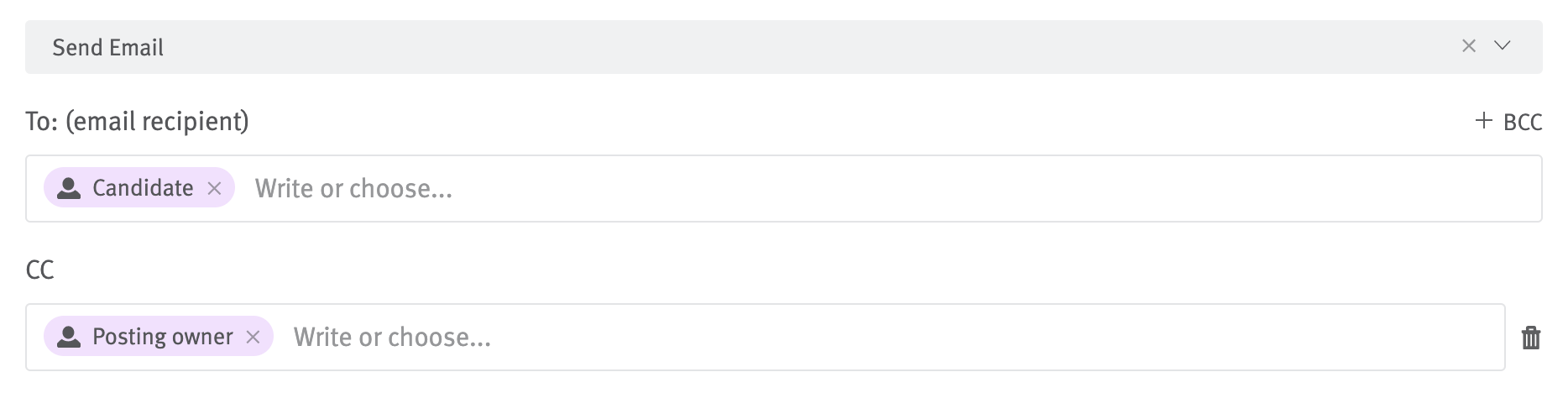 Close up of recipient fields in email editor; candidate is set as recipient and posting owner is cc'ed.