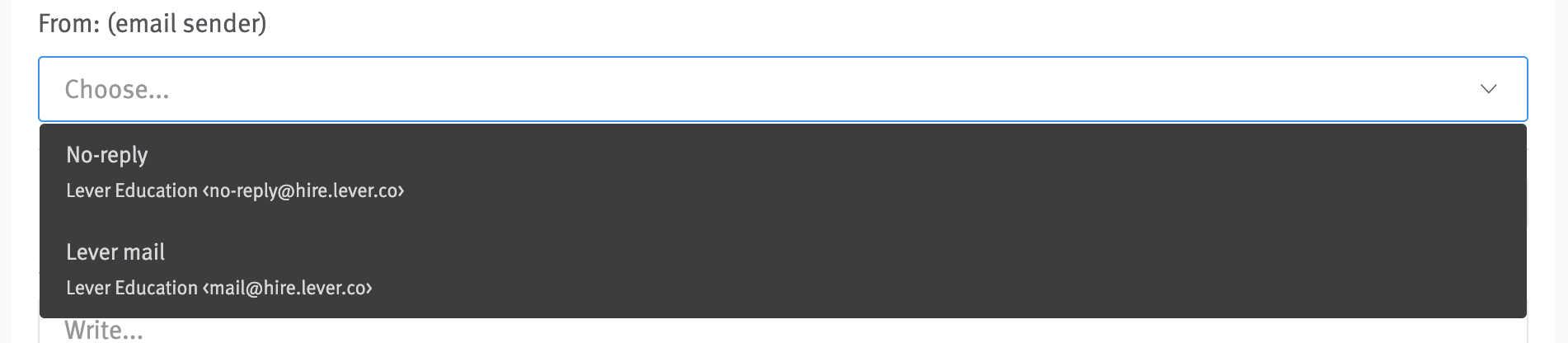 Sender field in email editor with no reply and Lever Mail sender options in the menu beanth.