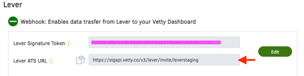 Same fields as previous image now populated, with arrow pointing to Lever ATS URL field.