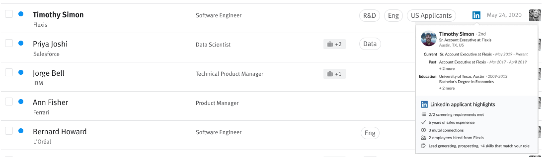Applicant highlights modal in candidate list view in Lever